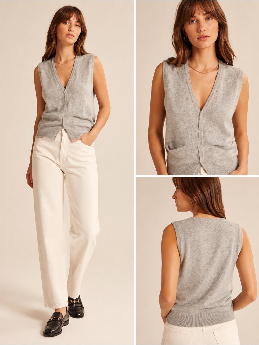 Vintage Fresca 100% Cashmere Sweater Vest Gray Button Front Pockets Size M